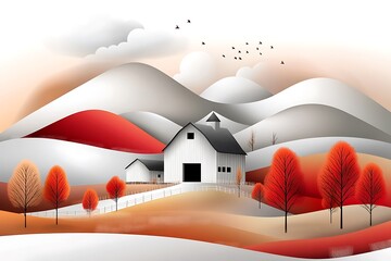 Autumn landscape painting rural farm digital art serene nature bird's eye view cozy atmosphere