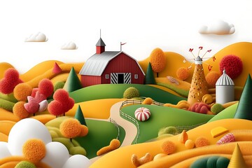 Whimsical farm scene vibrant hills digital illustration sunny day aerial view playful colors for kids