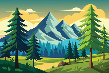 Scenic Mountain Landscape with Evergreen Trees and Cloudy Sky