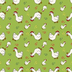 Festive Cartoon Geese in Santa Hats Seamless Pattern