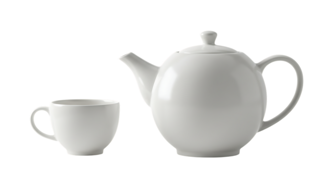 Classic white ceramic teapot and matching teacup isolated on a clean white background