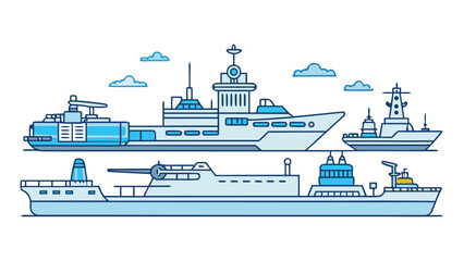 Obraz premium Various naval vessels and cargo ships depicted with blue and white colors boat navy