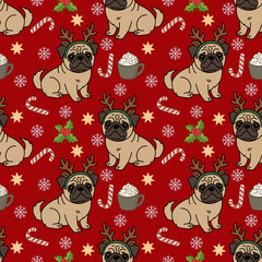 Cute Christmas Pug Reindeer Seamless Pattern
