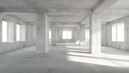 A spacious, unfurnished concrete interior space with tall pillars and large windows, bathed in bright, natural light.