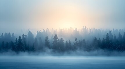 Naklejka premium Teal, winter landscape shows foggy forest at sunrise. Ethereal texture, soft lighting. Ideal for nature posters, travel branding, dreamy backgrounds.
