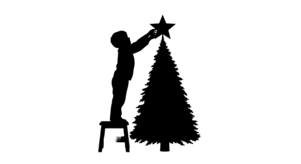 White line art depicts a person putting a star on a Christmas tree. Festive, modern, silhouette, isolated use for holiday cards, invitations, and posters.