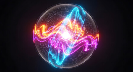 Abstract Energy Sphere with Neon Light Waves Inside a Transparent Globe on Black Background