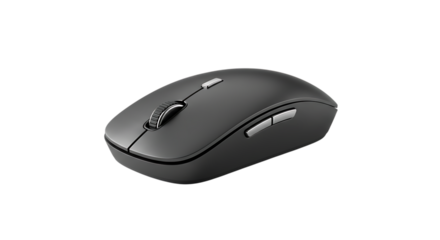 Modern ergonomic wireless computer mouse in a sleek black finish isolated on a white background
