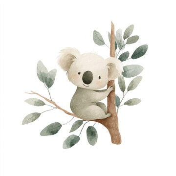 Watercolor, a simple, cute, and adorable baby koala on a tree branch.