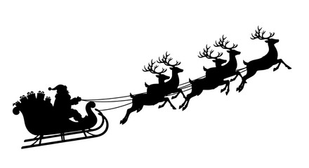 White linework shows Santa in a sleigh pulled by reindeer on black background. Ideal for holiday cards, digital art, or festive posters.