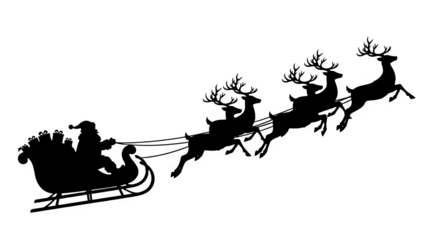 White linework shows Santa in a sleigh pulled by reindeer on black background. Ideal for holiday cards, digital art, or festive posters.