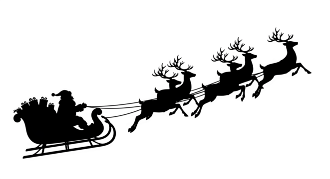 White linework shows Santa in a sleigh pulled by reindeer on black background. Ideal for holiday cards, digital art, or festive posters.