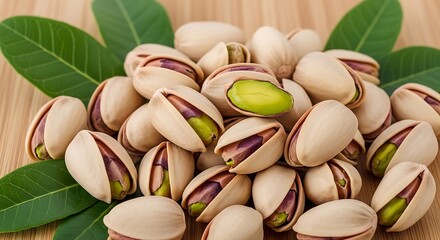 Pistachios - A Close-Up of Fresh, Shelled Nuts with Green Leaves.