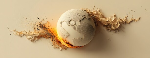 Paper Earth Model Burning with Flames and Flying Debris Representing Global Warming and Climate Emergency