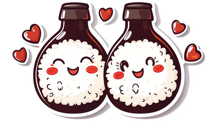Kawaii Rice Balls Embracing Soy Sauce Bottles in Playful Graphic Illustration
