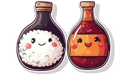 Kawaii Rice Ball and Soy Sauce Bottle Embrace in a Whimsical Food Illustration