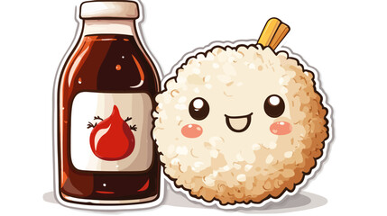 Cute Rice Ball Character with Smiling Face Next to Sauce Bottle in Playful Food Illustration