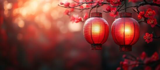 Two vibrant red lanterns hanging from a blossoming cherry tree branch, illuminated against a warm, blurred background, creating a serene and festive atmosphere
