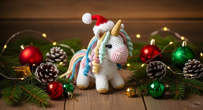 Cute Crocheted Unicorn with Santa Hat &ndash; Cozy Christmas Scene, Festive Handmade Holiday Decoration