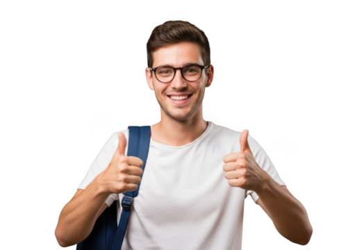 Young man with glasses and backpack giving thumbs up isolated on transparent background
