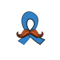 Blue ribbon with moustache symbol of november mens health month. Doodle style Blue ribbon and moustache isolated on white background. Sticker , label and icon of prostate cancer awareness