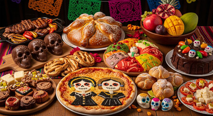 Day of the Dead Altar with Traditional Mexican Food  Decorations 