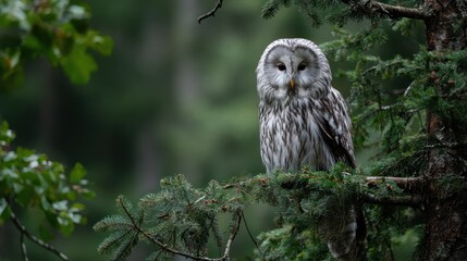 A serene owl perches amidst lush green branches in a dense, tranquil forest scene