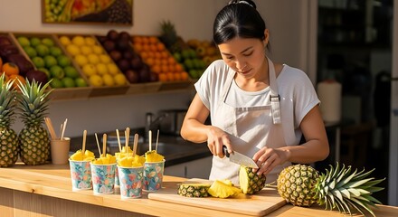 Woman preparing fresh pineapple for fruit smoothies at a juice bar.
