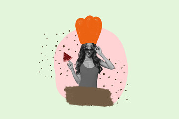 3d poster image full pop art collage of happy girl guy wear bulgarian pepper hat healthy lifestyle detox nutrition paprika