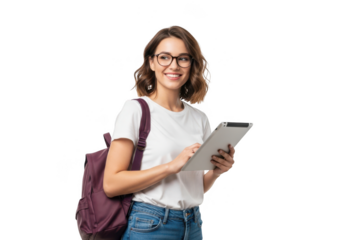 Smiling young woman with glasses and backpack holding tablet isolated on transparent background