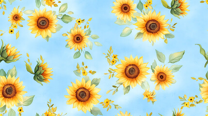 Seamless pattern of sunflowers with sky blue background creates cheerful and vibrant atmosphere, perfect for various designs