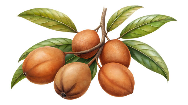 Beautiful illustration of sapodilla fruit on a branch with lush green leaves