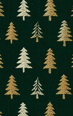 Green fabric background featuring a repeating pattern of stylized trees in gold and white, creating a festive and elegant design suitable for seasonal decorations and textiles