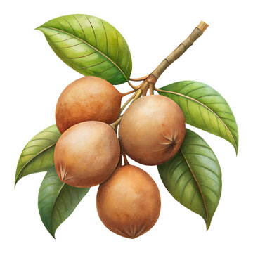 Mamey Sapote Fruit Illustration with Brown Fruits and Vibrant Green Leaves