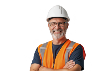 Smiling construction worker with hard hat and safety vest isolated on transparent background