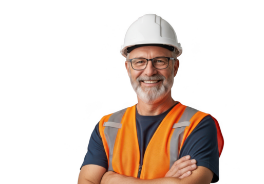 Smiling construction worker with hard hat and safety vest isolated on transparent background