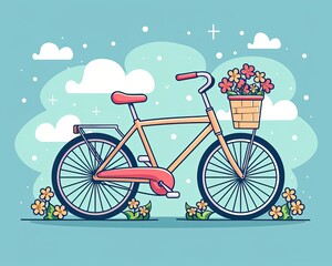 bicycle with flowers illustration, cute bicycle with flowers and sky background, bicycle with flowers in basket cartoon art for lifestyle design and spring season inspiration