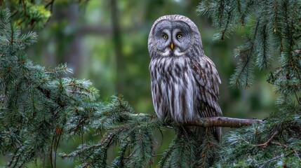 Great gray owl perches on evergreen branch, looking forward in lush forest