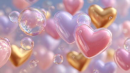 3D glossy heart bubbles floating in soft pastel light, 3D heart illustration for romantic background design, 3D heart artwork concept for Valentine greeting, love theme or luxury lifestyle inspiration