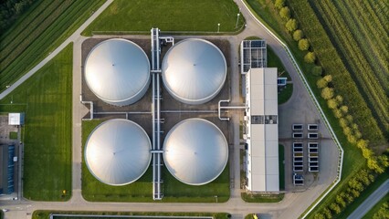 Cutting-edge biogas digester in a modern facility transforming organic waste into renewable biomethane, surrounded by stainless tanks