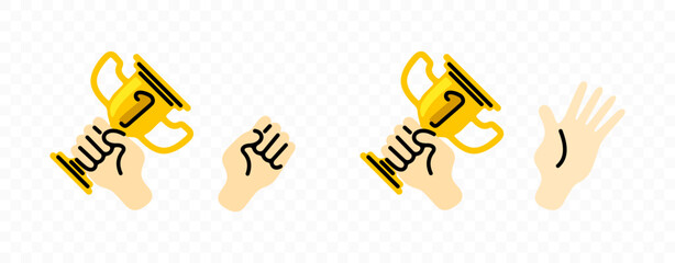 Hands holding golden trophy or prize cup, graphic design. Victory, achievement, celebration, success and recognition, vector design and illustration