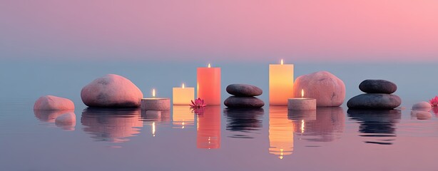 Zen spa candles and balancing stones over calm water at sunset, relaxing wellness background for meditation and self-care concept, peaceful spa artwork with soft pastel light and tranquil reflection