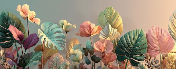 pastel tropical leaves, elegant botanical composition with abstract floral shapes, pastel tropical leaves fine-art background for modern interior design, wall art, and editorial decoration use