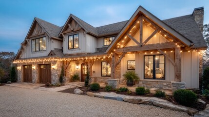 Naklejka premium A stunning modern farmhouse stands illuminated at dusk, featuring wooden beams and stone accents. The charming exterior shines with warm lights, creating a welcoming atmosphere