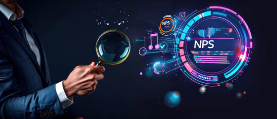 Businessman in suit holding magnifying glass and analyzing virtual data interface with NPS charts. Concept of customer satisfaction, data analysis, business intelligence, and performance evaluation.