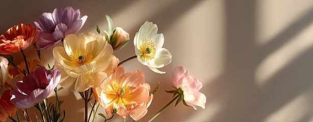 soft pastel floral photography, delicate botanical flowers in warm sunlight, fine-art floral composition with soft shadows, pastel flower wall art for modern interior design and editorial elegance