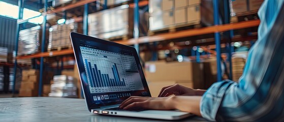 Businesswoman working on laptop with analytics graphs displayed on screen inside warehouse. Concept of logistics, supply chain, inventory management, shipping, ecommerce and distribution.