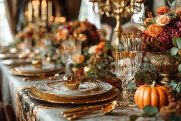 Fototapeta premium Elegant thanksgiving table setting with gold cutlery and fall decorations luxury dining concept sophisticated styling suitable for high-end restaurant marketing. MZ 