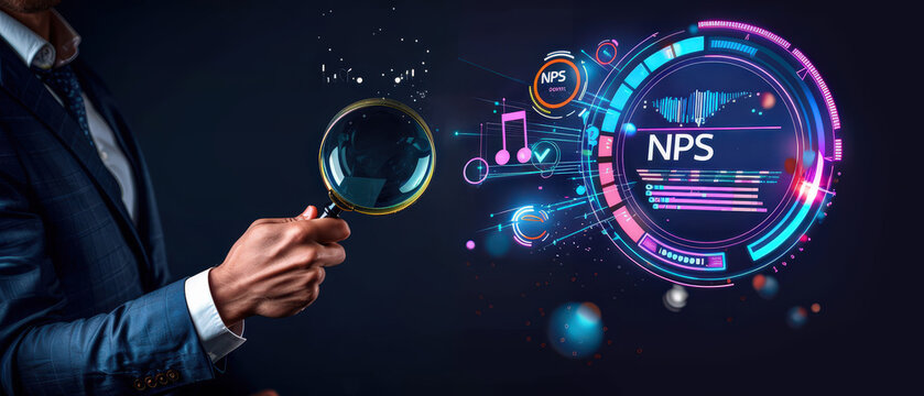 Businessman in suit holding magnifying glass and analyzing virtual data interface with NPS charts. Concept of customer satisfaction, data analysis, business intelligence, and performance evaluation.