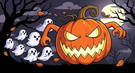 Spooky Halloween Night - Pumpkin, Ghosts, and Autumn Leaves.